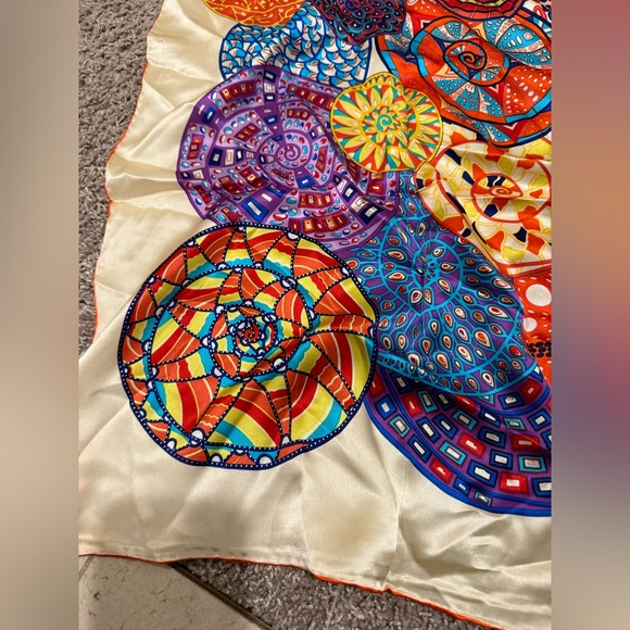 Silk Scarf 100% Colorful Square 42”x42” Bohemian Festival Artsy Hippie Lagenlook - Picture 5 of 8